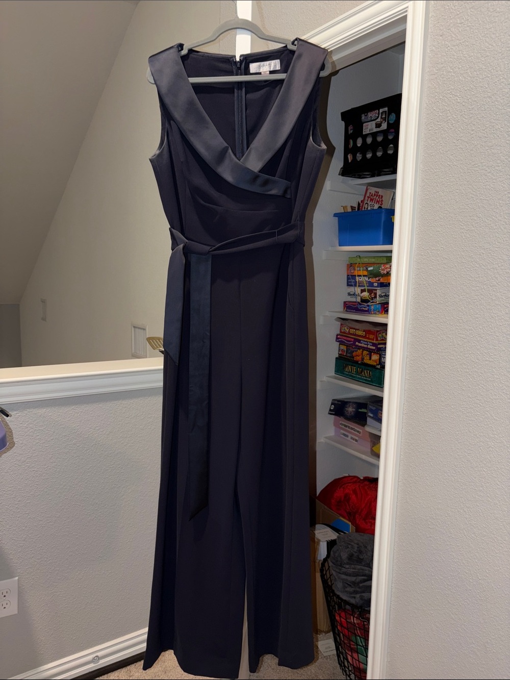 Tahari Navy-Black Sleeveless Maxi Jumpsuit with Waist Tie